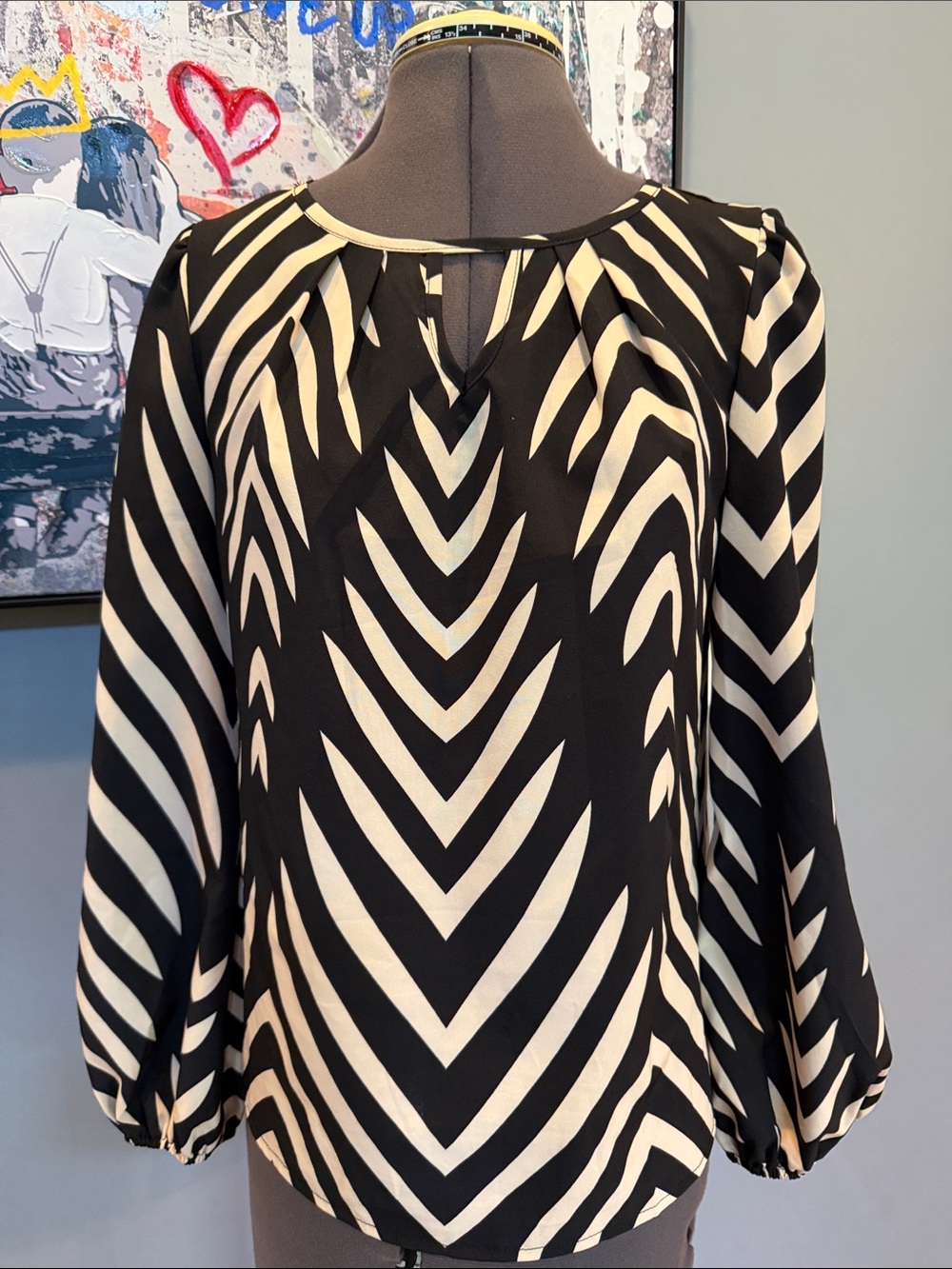 SHEIN Black & Cream Chevron-Stripe Balloon-Sleeve Blouse